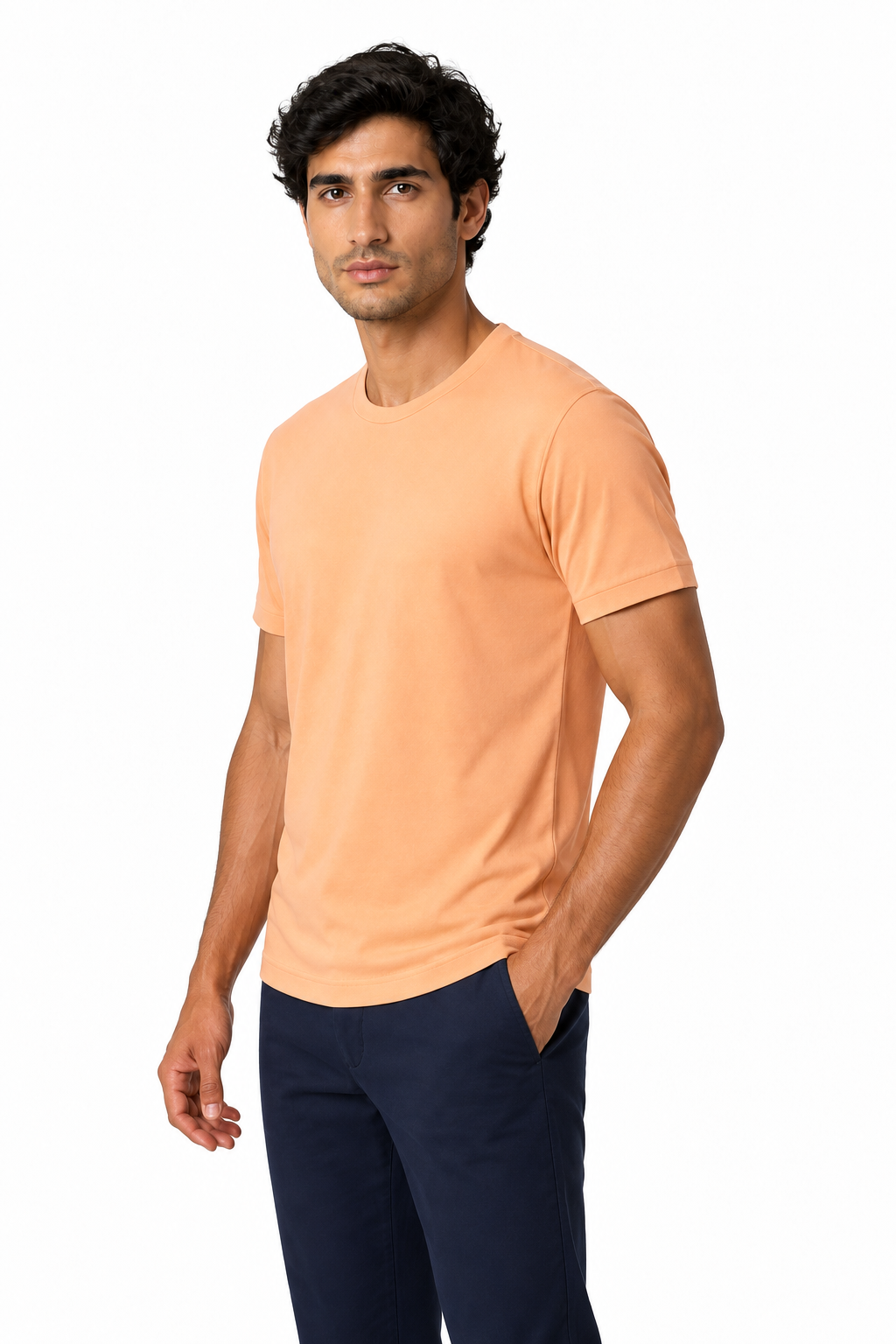 Ventorino Men's T-Shirt Premium Fabric Crew Neck | Ventorino in Hami Orange — model three-quarter view
