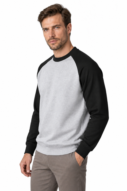 Ventorino Men's Sweatshirt Colorblock Design Raglan Sleeves | Ventorino in Light Gray Black Sleeve — model three-quarter view