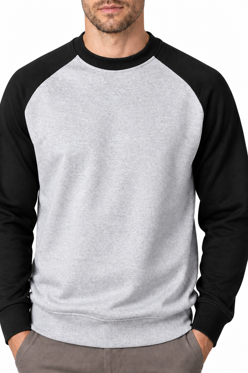 Ventorino Men's Sweatshirt Colorblock Design Raglan Sleeves | Ventorino in Light Gray Black Sleeve — garment and fabric detail