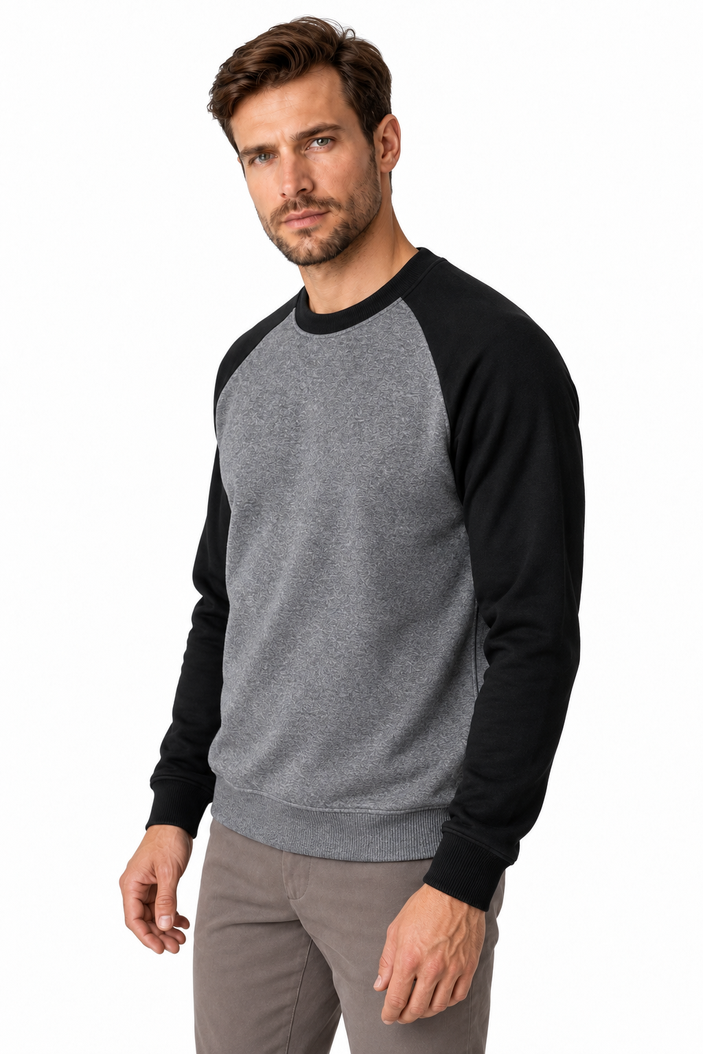 Ventorino Men's Sweatshirt Colorblock Design Raglan Sleeves | Ventorino in Dark Gray Black Sleeve — model three-quarter view