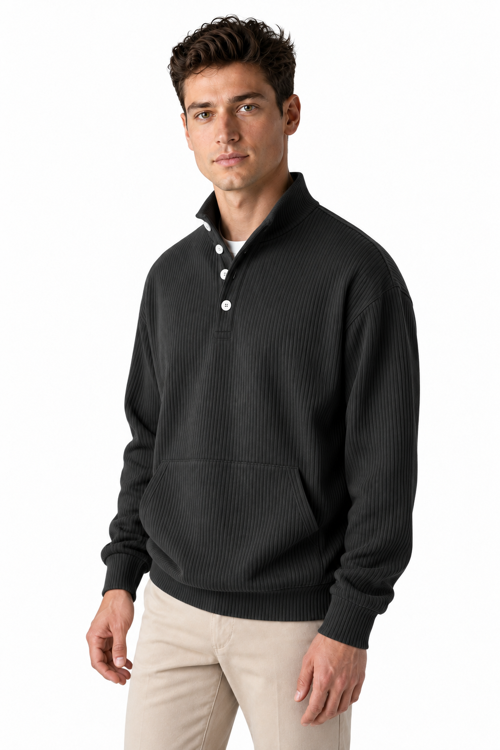 Ventorino Men's Polo Sweatshirt Relaxed Fit Chest Pocket | Ventorino in Black — model three-quarter view