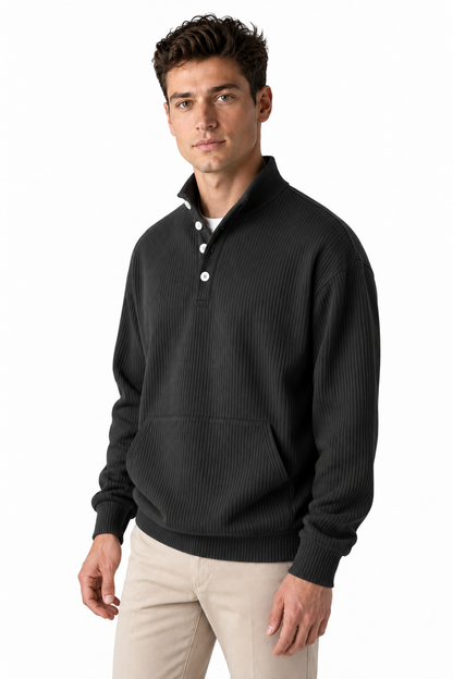 Ventorino Men's Polo Sweatshirt Relaxed Fit Chest Pocket | Ventorino in Black — model three-quarter view