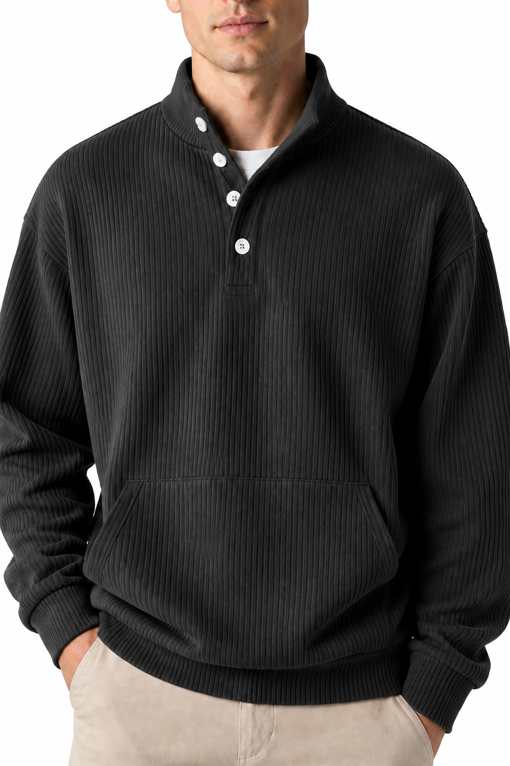 Ventorino Men's Polo Sweatshirt Relaxed Fit Chest Pocket | Ventorino in Black — garment and fabric detail