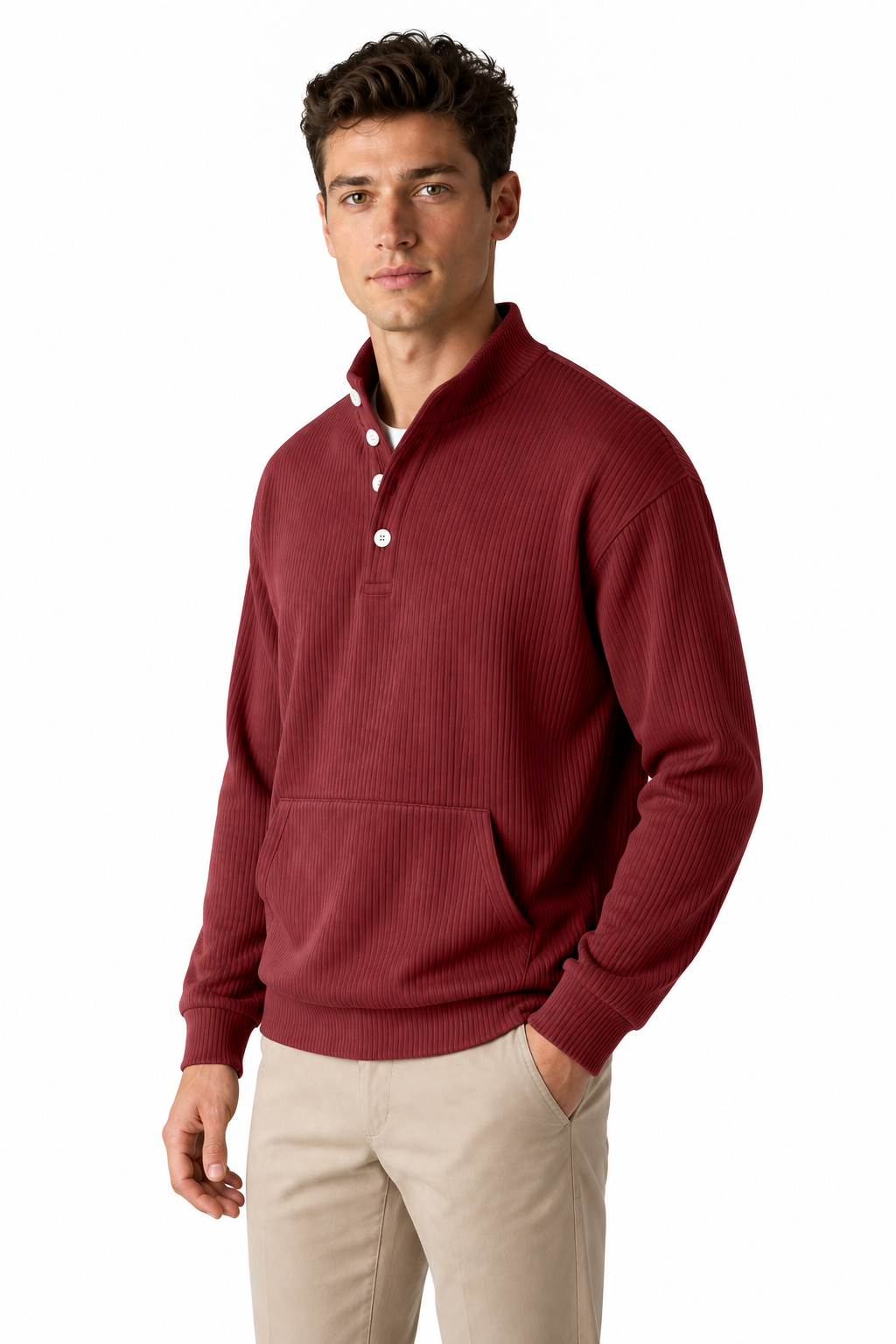 Ventorino Men's Polo Sweatshirt Relaxed Fit Chest Pocket | Ventorino in Wine Red — model three-quarter view