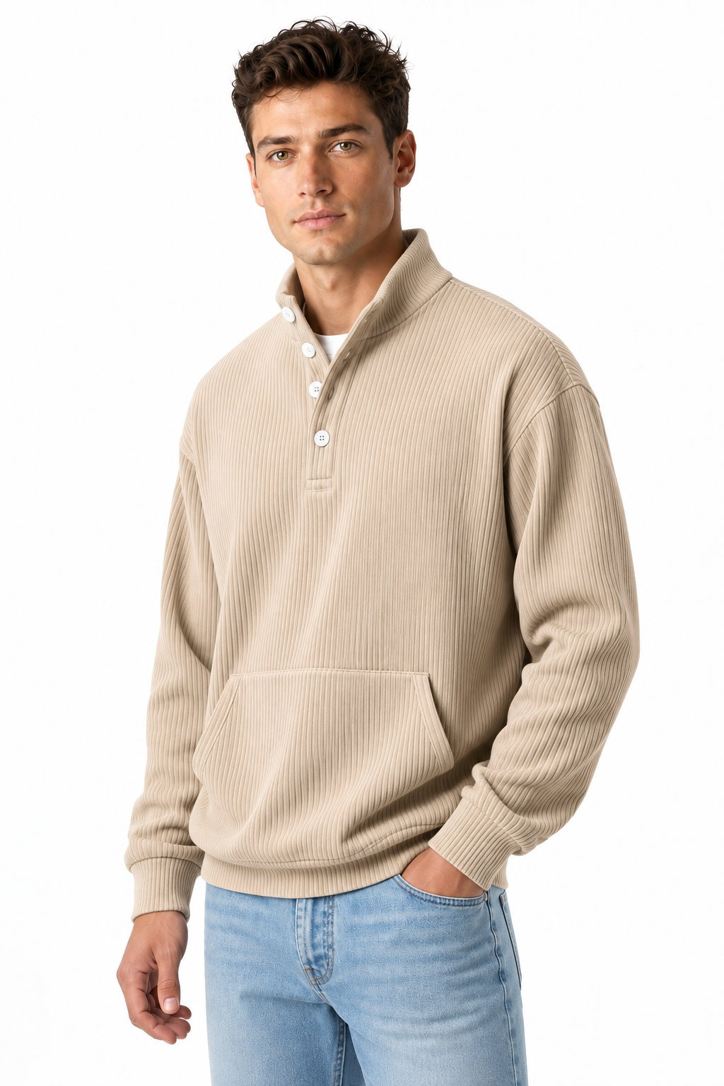 Ventorino Men's Polo Sweatshirt Relaxed Fit Chest Pocket | Ventorino in Apricot — model three-quarter view