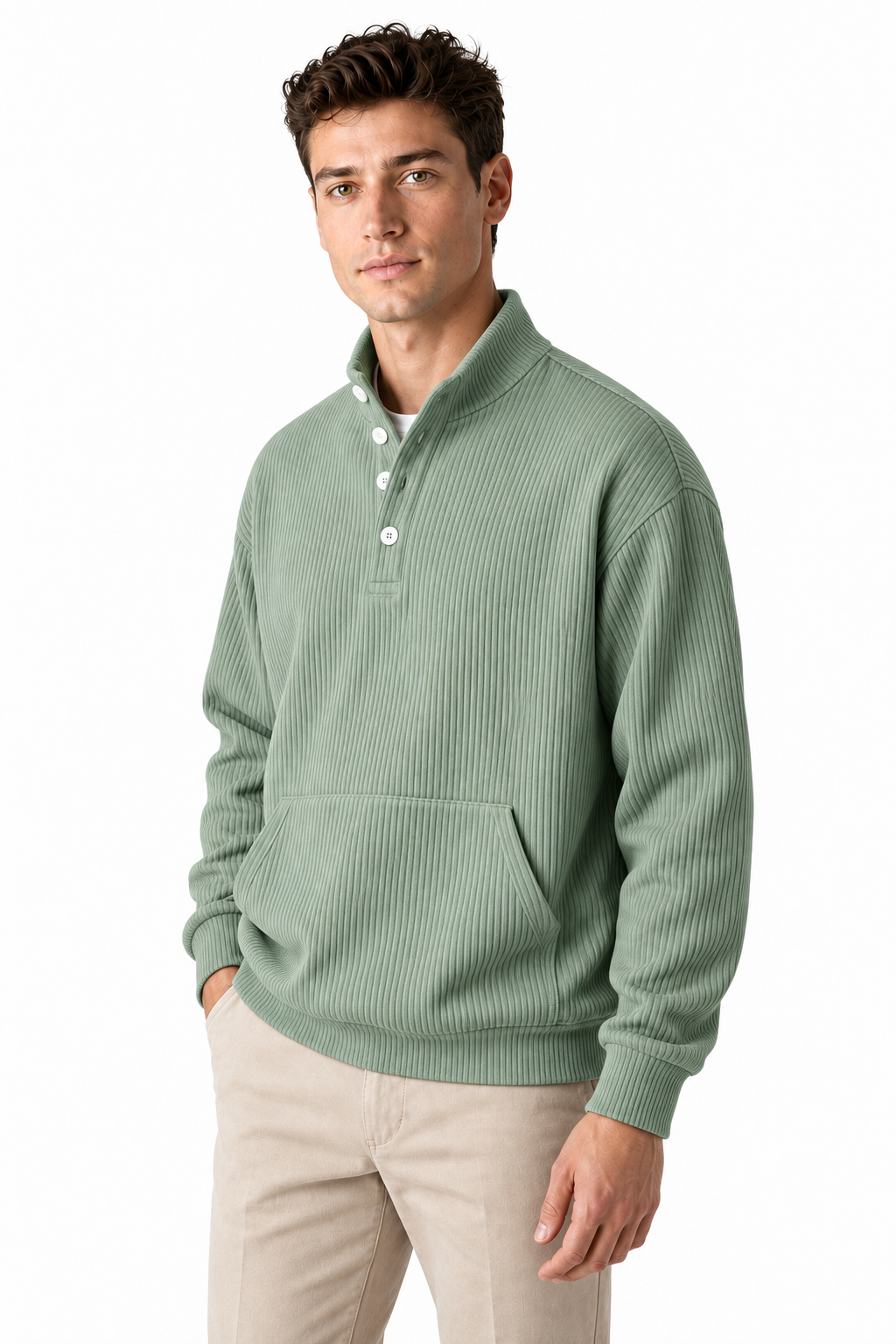 Ventorino Men's Polo Sweatshirt Relaxed Fit Chest Pocket | Ventorino in Light Green — model three-quarter view