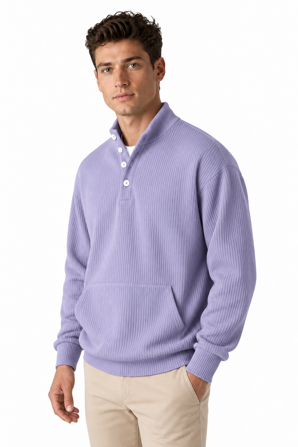 Ventorino Men's Polo Sweatshirt Relaxed Fit Chest Pocket | Ventorino in Light Purple — model three-quarter view