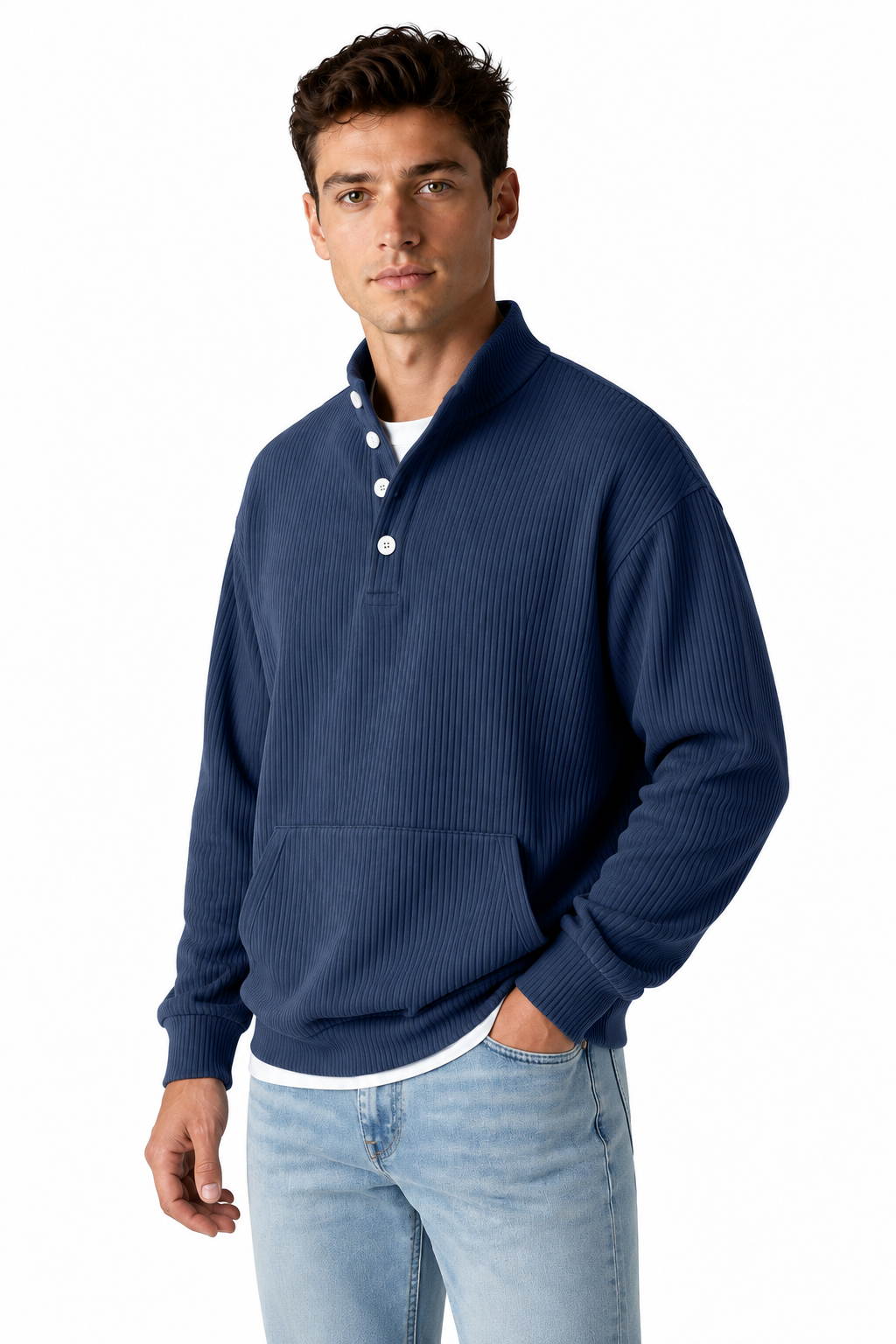 Ventorino Men's Polo Sweatshirt Relaxed Fit Chest Pocket | Ventorino in Navy Blue — model three-quarter view