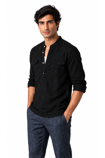 Ventorino cotton-linen band-collar shirt in black — model view