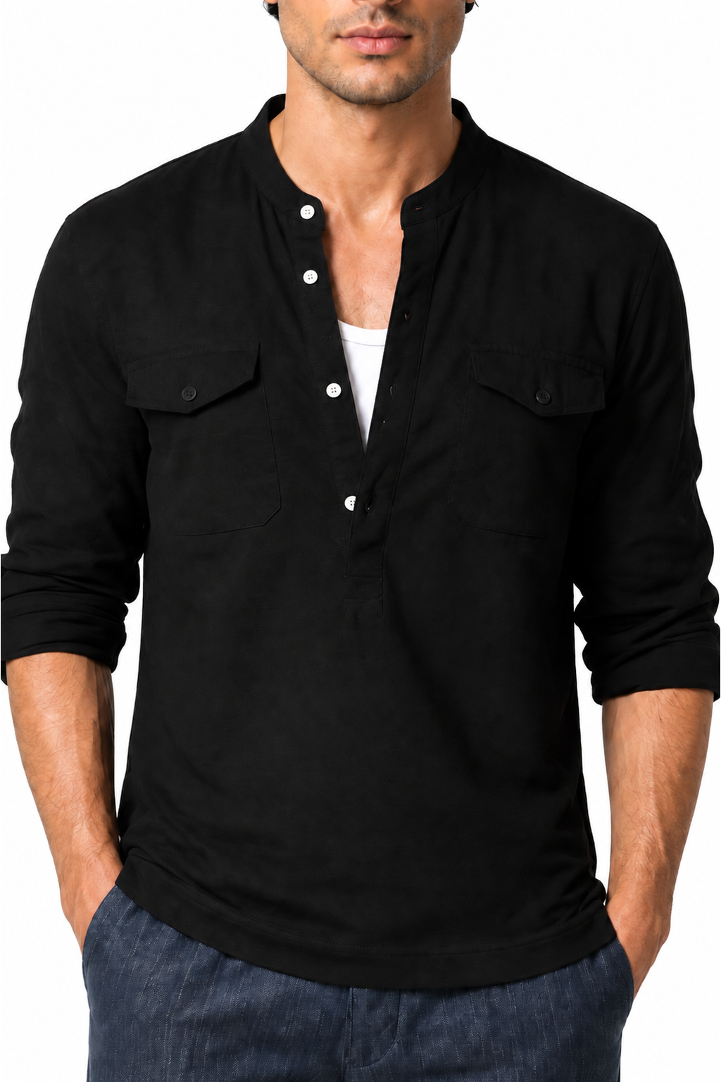 Ventorino cotton-linen band-collar shirt in black — collar and fabric detail