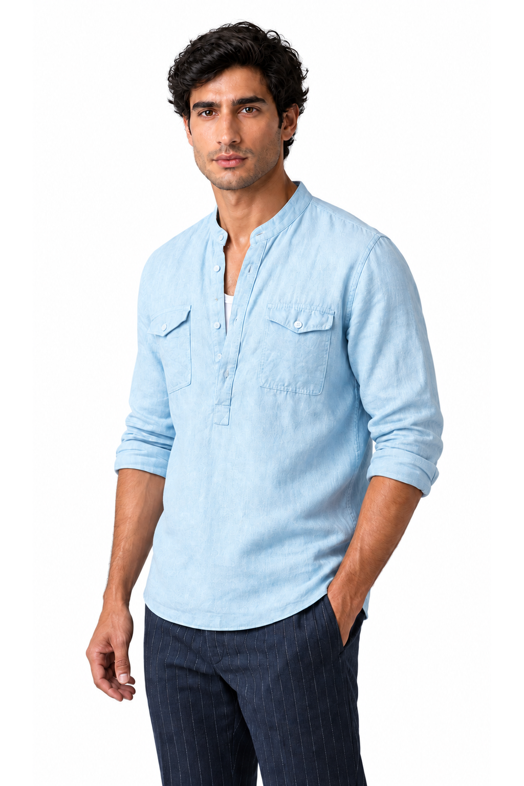 Ventorino cotton-linen band-collar shirt in blue — model view