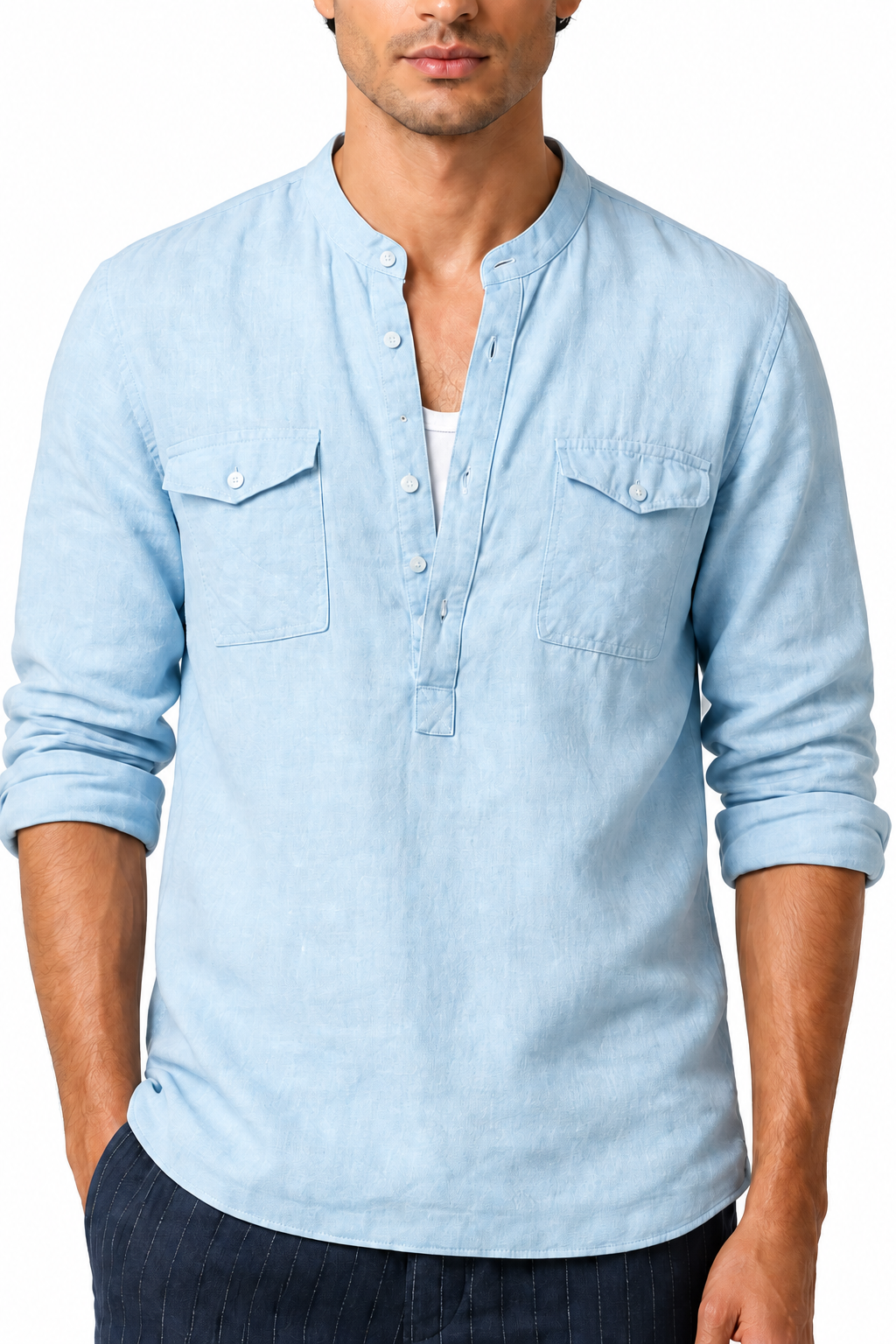 Ventorino cotton-linen band-collar shirt in blue — collar and fabric detail