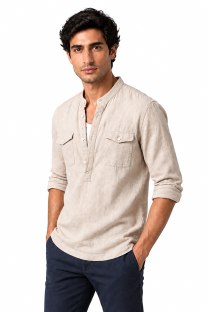 Ventorino cotton-linen band-collar shirt in khaki — model view