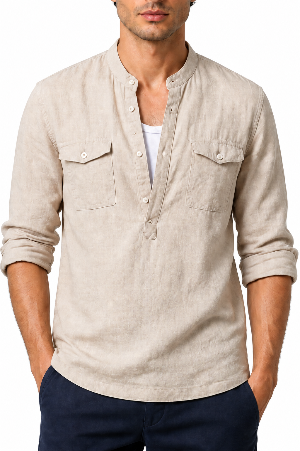 Ventorino cotton-linen band-collar shirt in khaki — collar and fabric detail