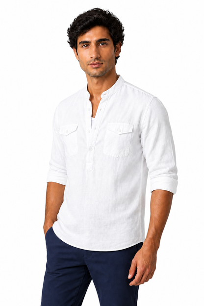 Ventorino cotton-linen band-collar shirt in white — model view