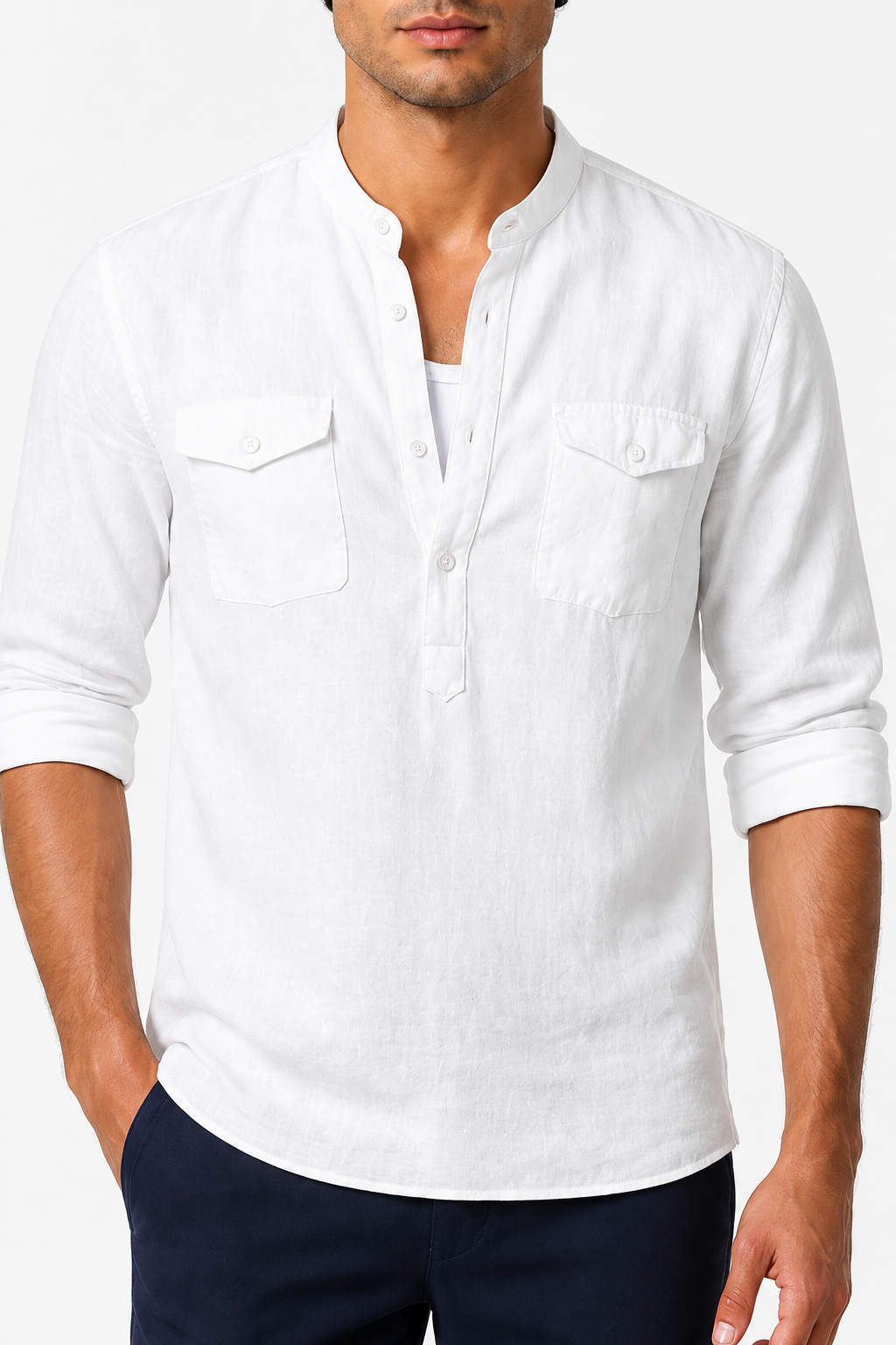 Ventorino cotton-linen band-collar shirt in white — collar and fabric detail