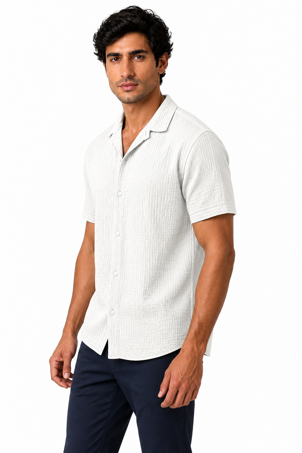 Ventorino Men's Camp-Collar Shirt Breathable Linen Relaxed Fit | Ventorino in White — model three-quarter view