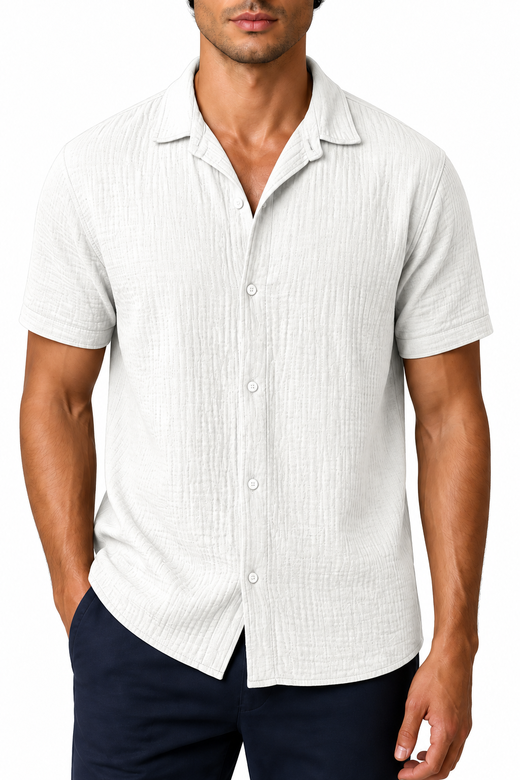 Ventorino Men's Camp-Collar Shirt Breathable Linen Relaxed Fit | Ventorino in White — garment and fabric detail