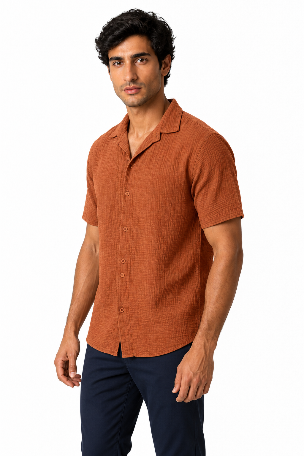 Ventorino Men's Camp-Collar Shirt Breathable Linen Relaxed Fit | Ventorino in Brown — model three-quarter view