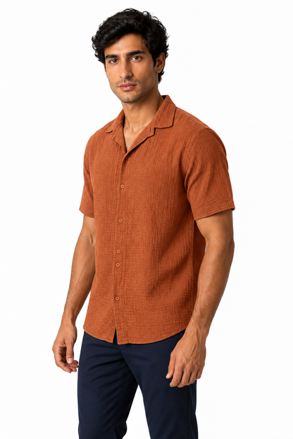 Ventorino Men's Camp-Collar Shirt Breathable Linen Relaxed Fit | Ventorino in Brown — model three-quarter view