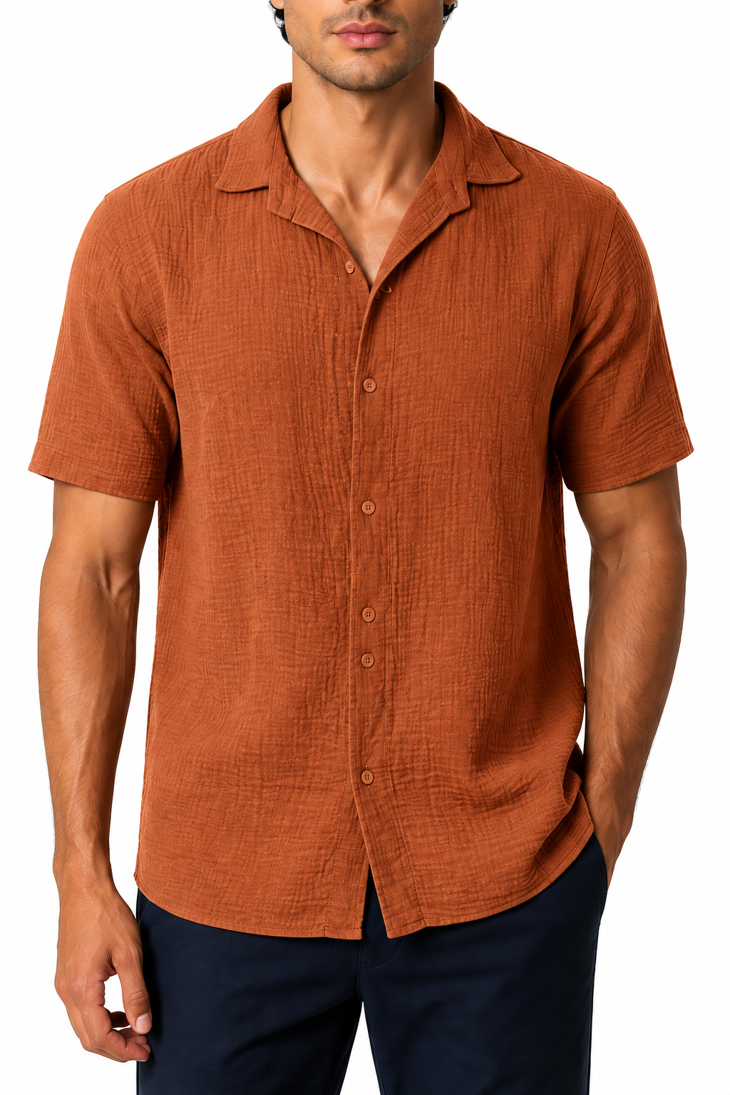 Ventorino Men's Camp-Collar Shirt Breathable Linen Relaxed Fit | Ventorino in Brown — garment and fabric detail