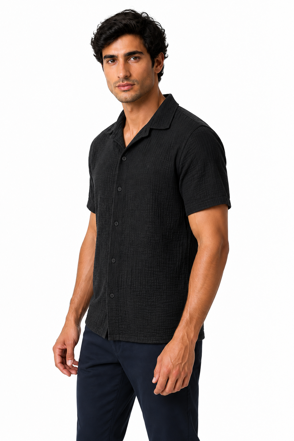 Ventorino Men's Camp-Collar Shirt Breathable Linen Relaxed Fit | Ventorino in Black — model three-quarter view