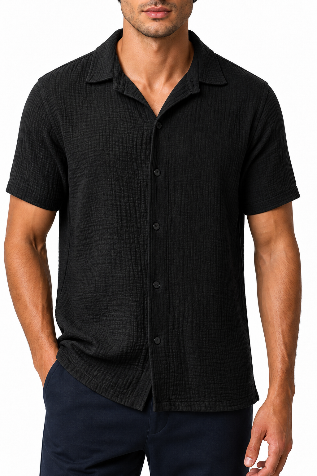 Ventorino Men's Camp-Collar Shirt Breathable Linen Relaxed Fit | Ventorino in Black — garment and fabric detail