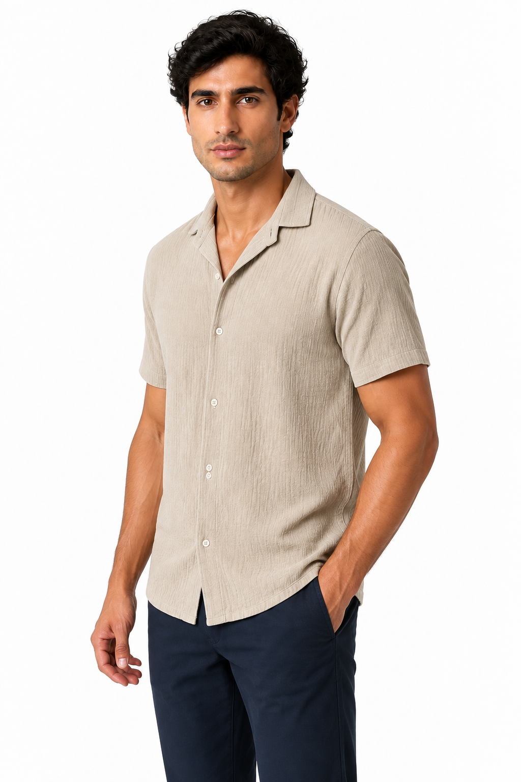 Ventorino Men's Camp-Collar Shirt Breathable Linen Relaxed Fit | Ventorino in Light Khaki — model three-quarter view