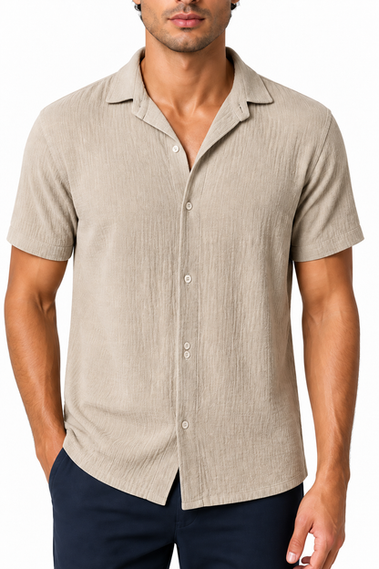 Ventorino Men's Camp-Collar Shirt Breathable Linen Relaxed Fit | Ventorino in Light Khaki — garment and fabric detail