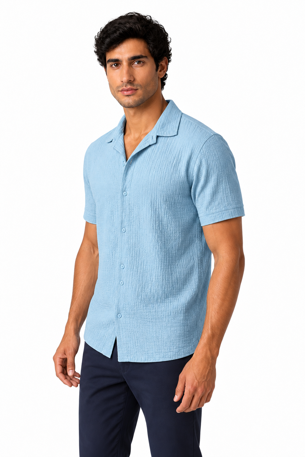 Ventorino Men's Camp-Collar Shirt Breathable Linen Relaxed Fit | Ventorino in Light Blue — model three-quarter view