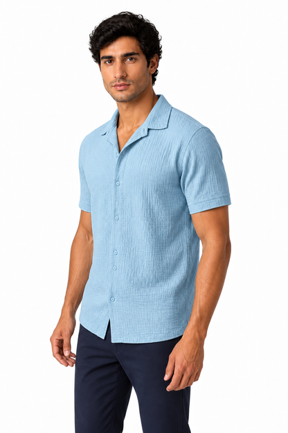 Ventorino Men's Camp-Collar Shirt Breathable Linen Relaxed Fit | Ventorino in Light Blue — model three-quarter view