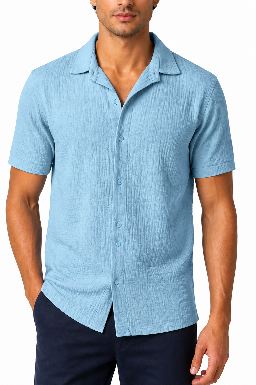 Ventorino Men's Camp-Collar Shirt Breathable Linen Relaxed Fit | Ventorino in Light Blue — garment and fabric detail