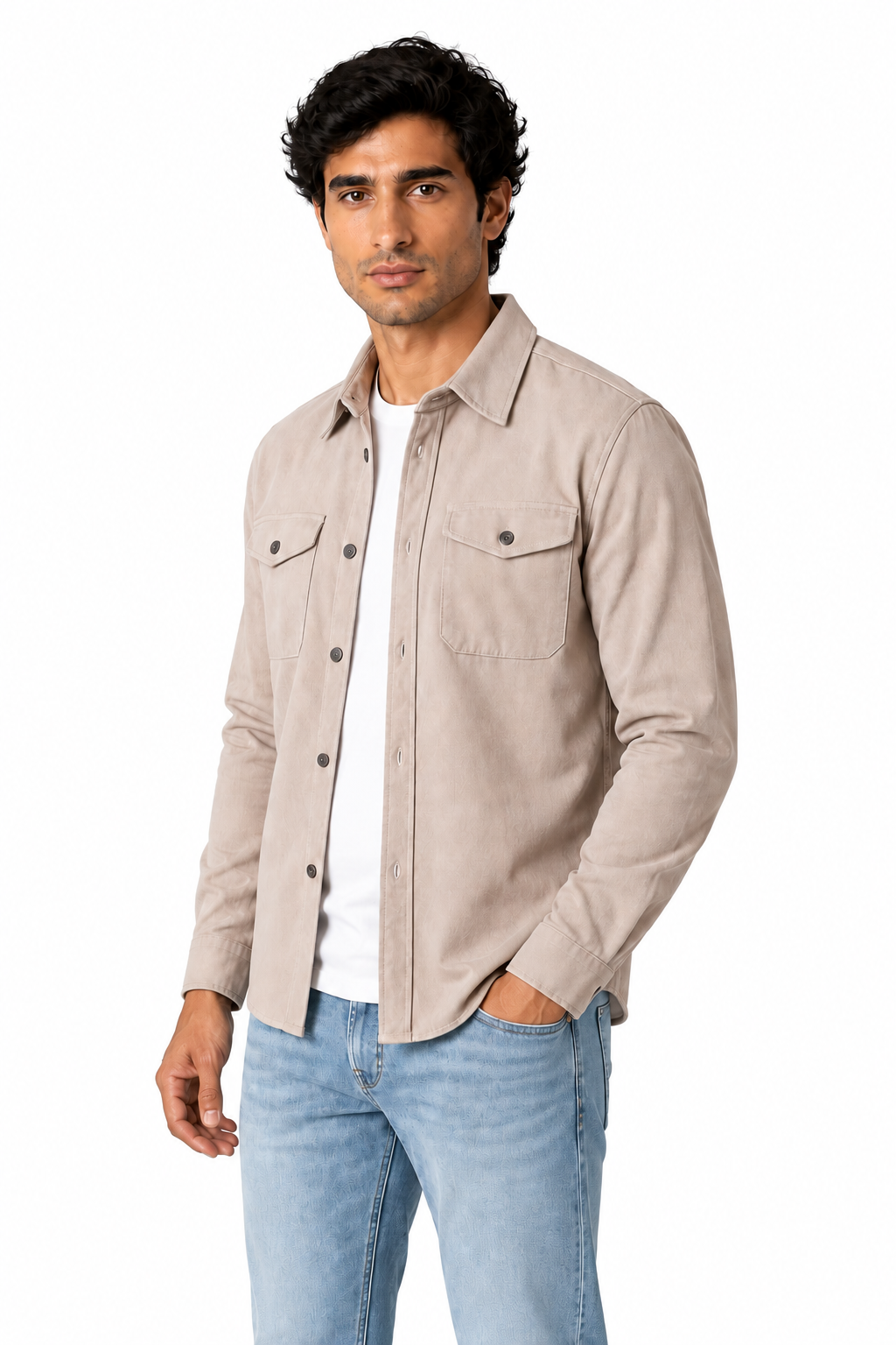 Ventorino brushed double-pocket overshirt in apricot — model view
