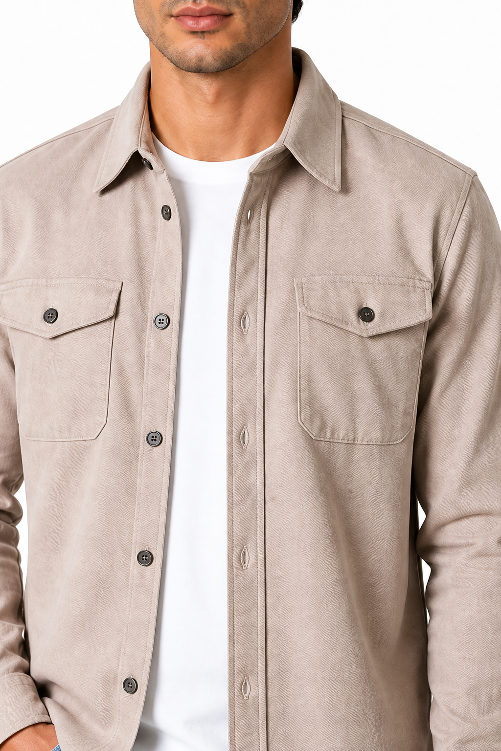 Ventorino brushed double-pocket overshirt in apricot — fabric and pocket detail