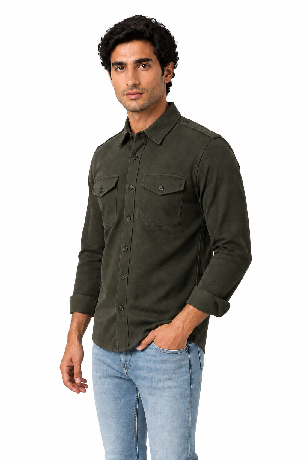 Ventorino brushed double-pocket overshirt in army green — model view