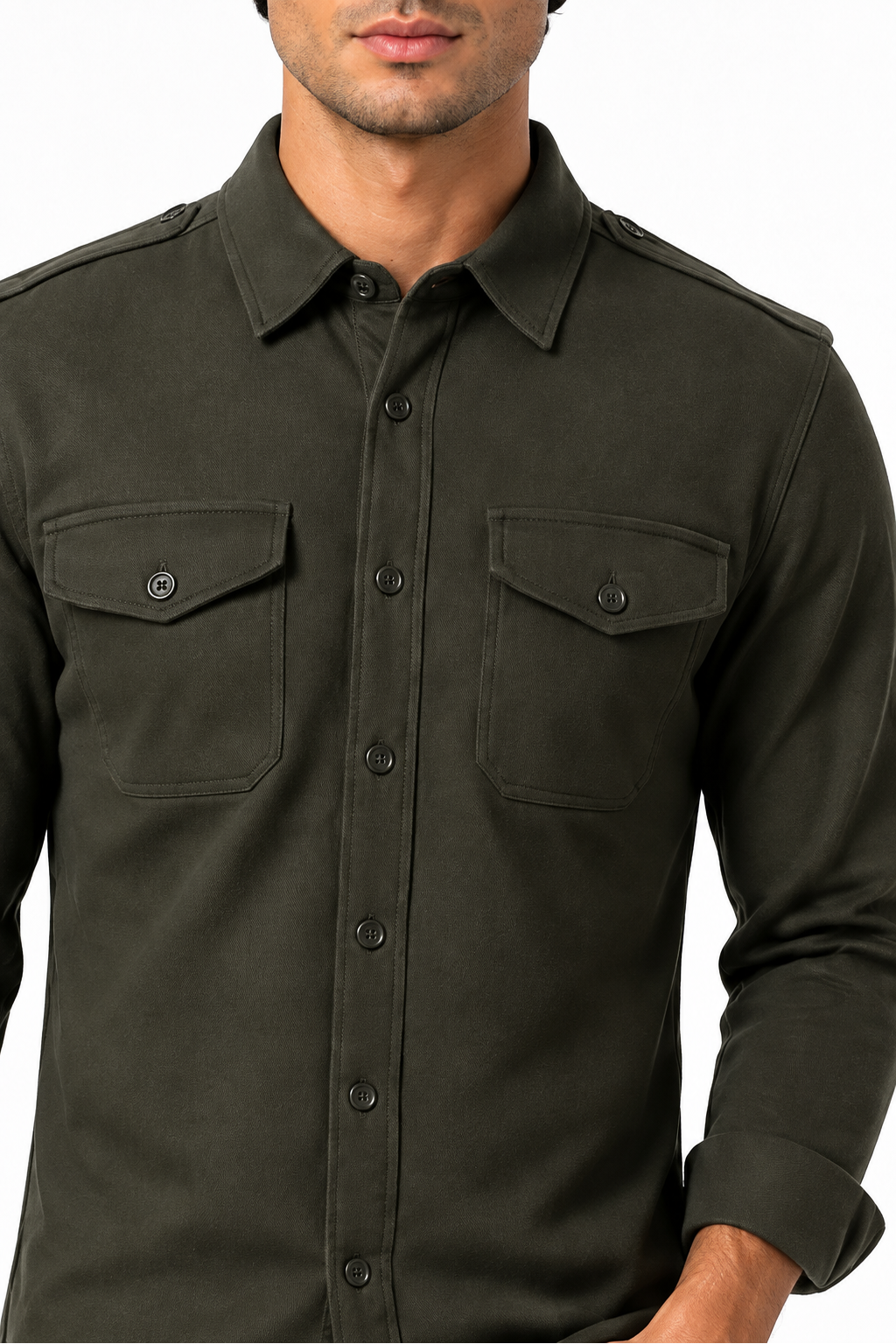 Ventorino brushed double-pocket overshirt in army green — fabric and pocket detail