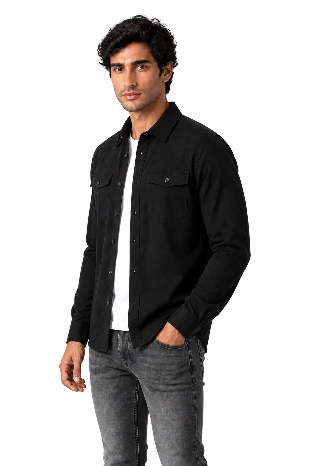 Ventorino brushed double-pocket overshirt in black — model view