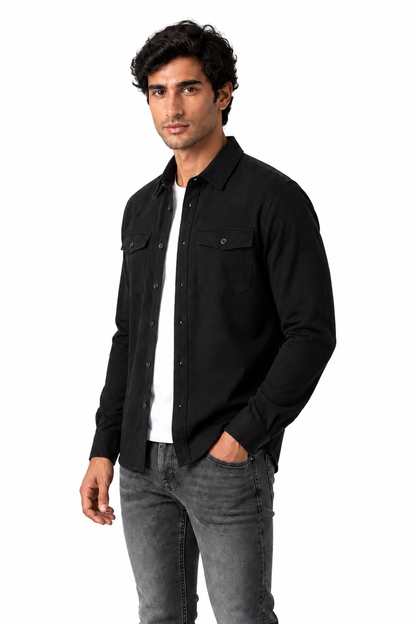 Ventorino brushed double-pocket overshirt in black — model view