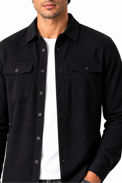 Ventorino brushed double-pocket overshirt in black — fabric and pocket detail