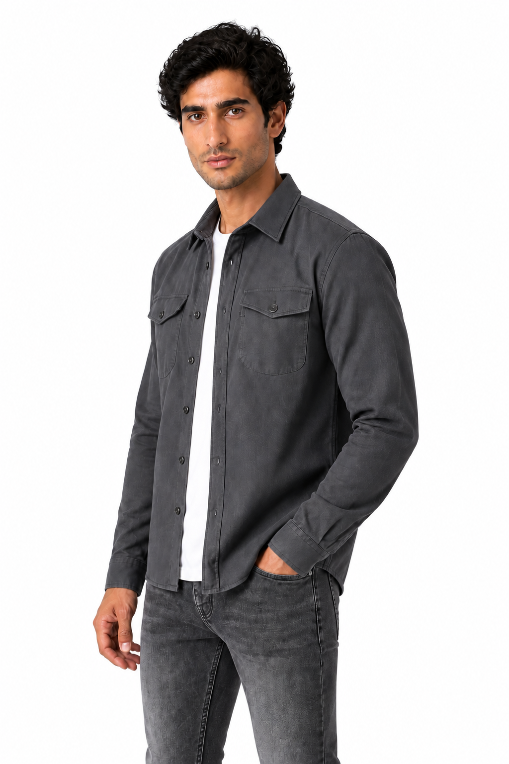 Ventorino brushed double-pocket overshirt in dark gray — model view