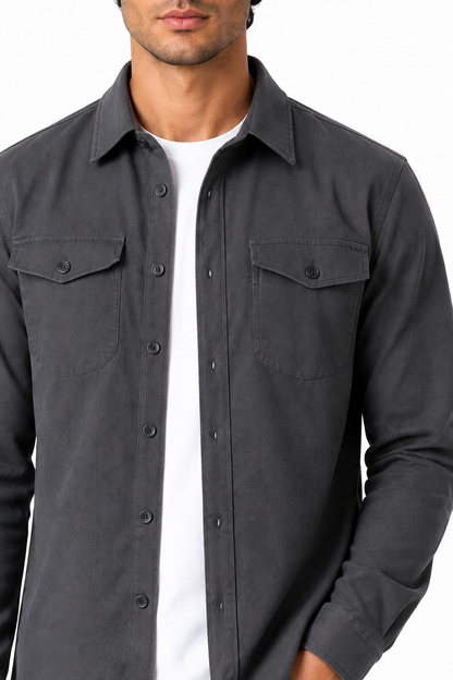 Ventorino brushed double-pocket overshirt in dark gray — fabric and pocket detail