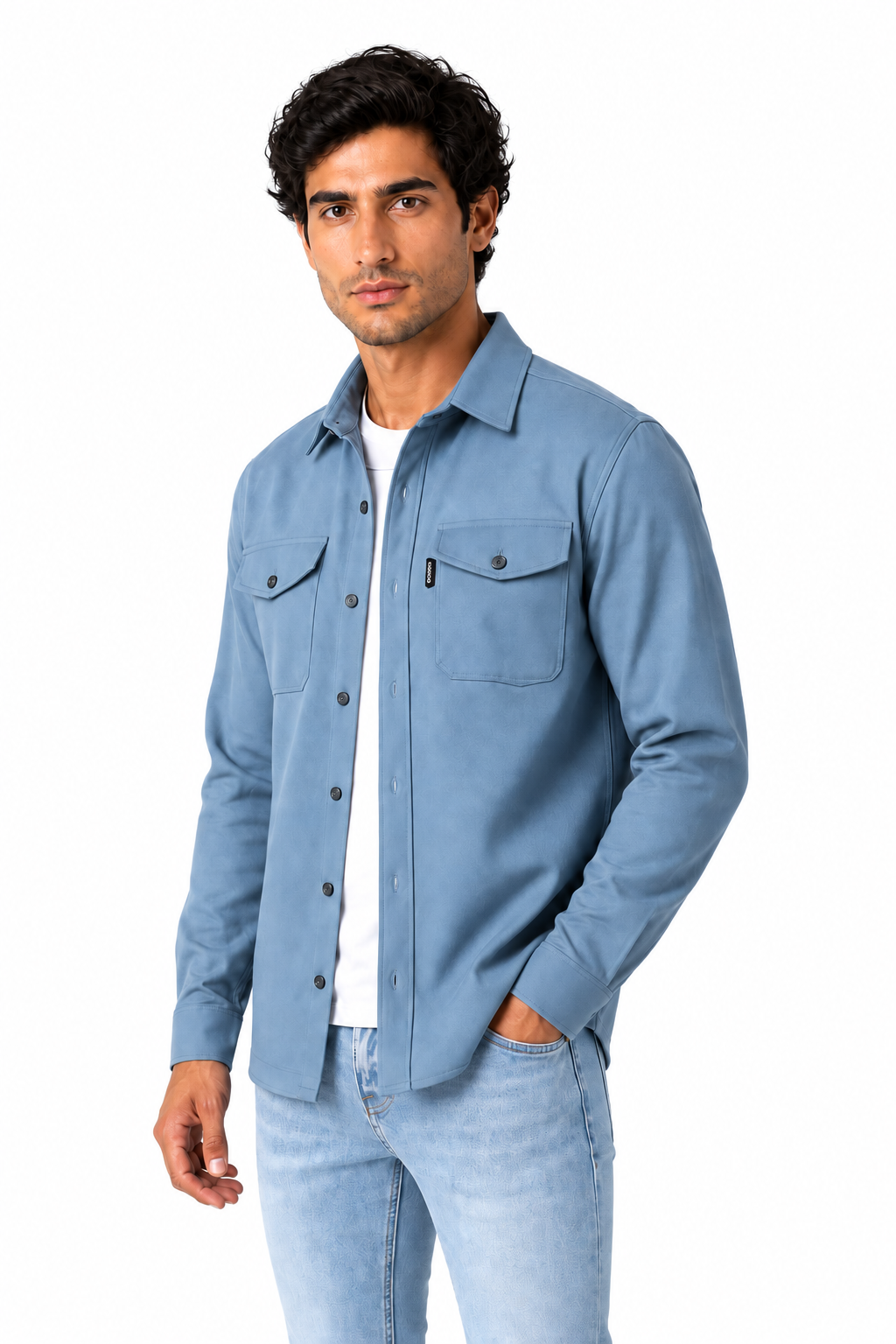 Ventorino brushed double-pocket overshirt in lake blue — model view