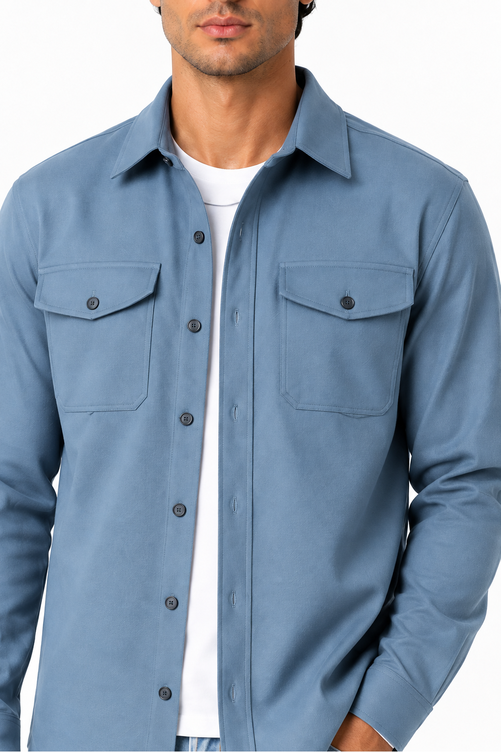 Ventorino brushed double-pocket overshirt in lake blue — fabric and pocket detail