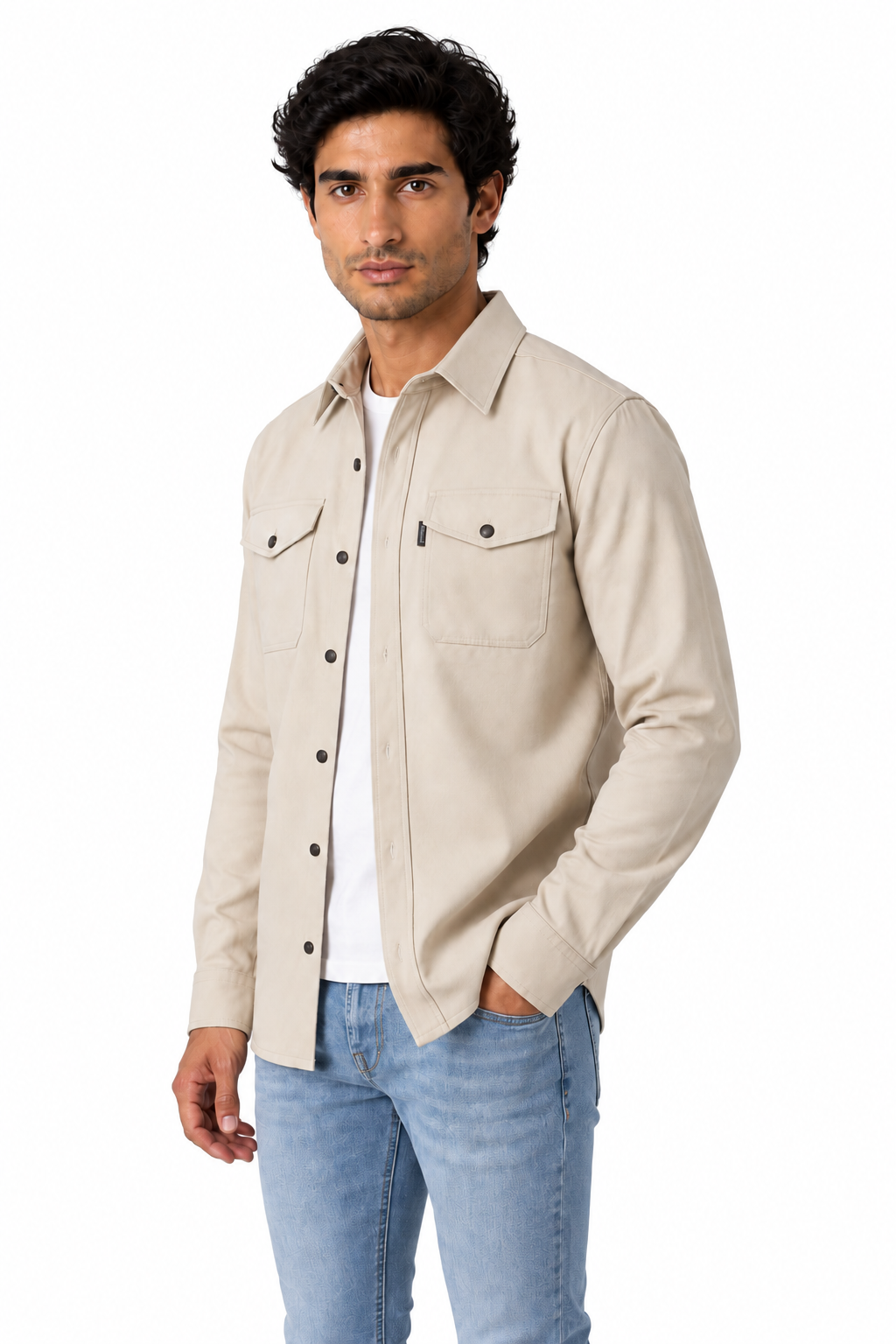 Ventorino brushed double-pocket overshirt in light apricot colored — model view