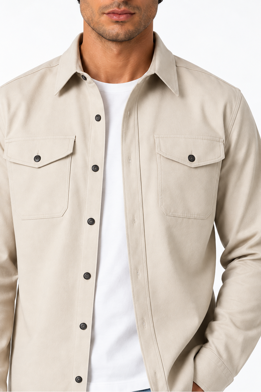 Ventorino brushed double-pocket overshirt in light apricot colored — fabric and pocket detail