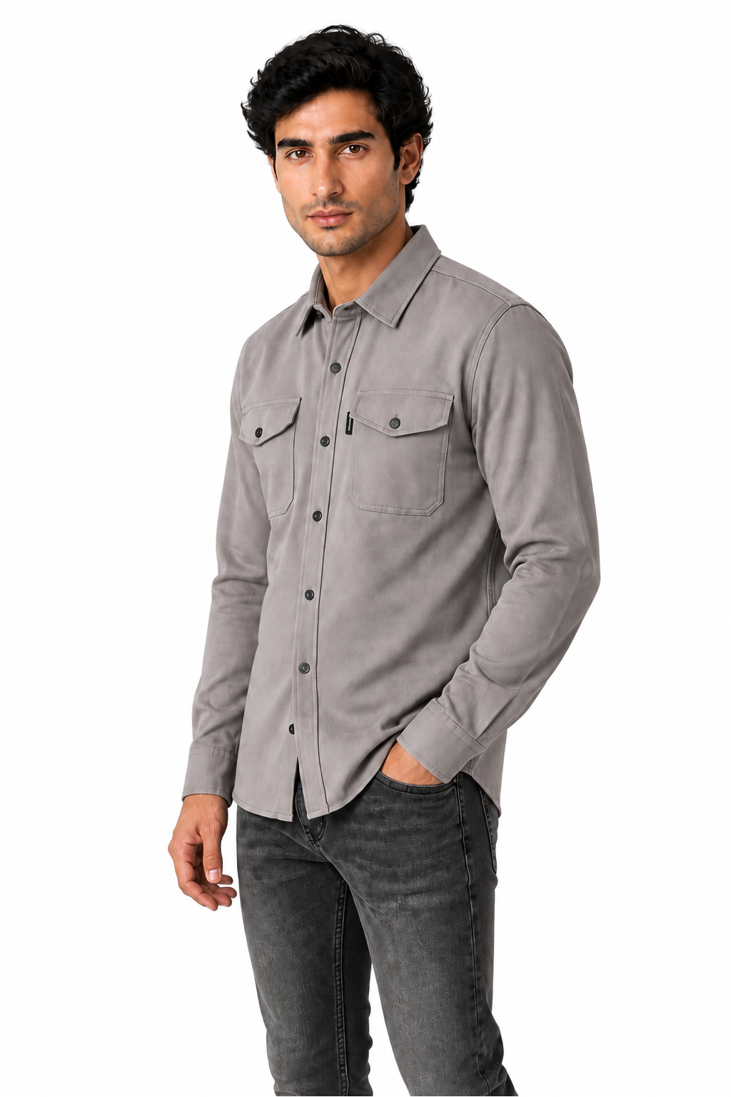 Ventorino brushed double-pocket overshirt in light gray — model view