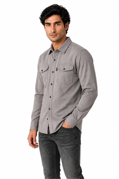 Ventorino brushed double-pocket overshirt in light gray — model view
