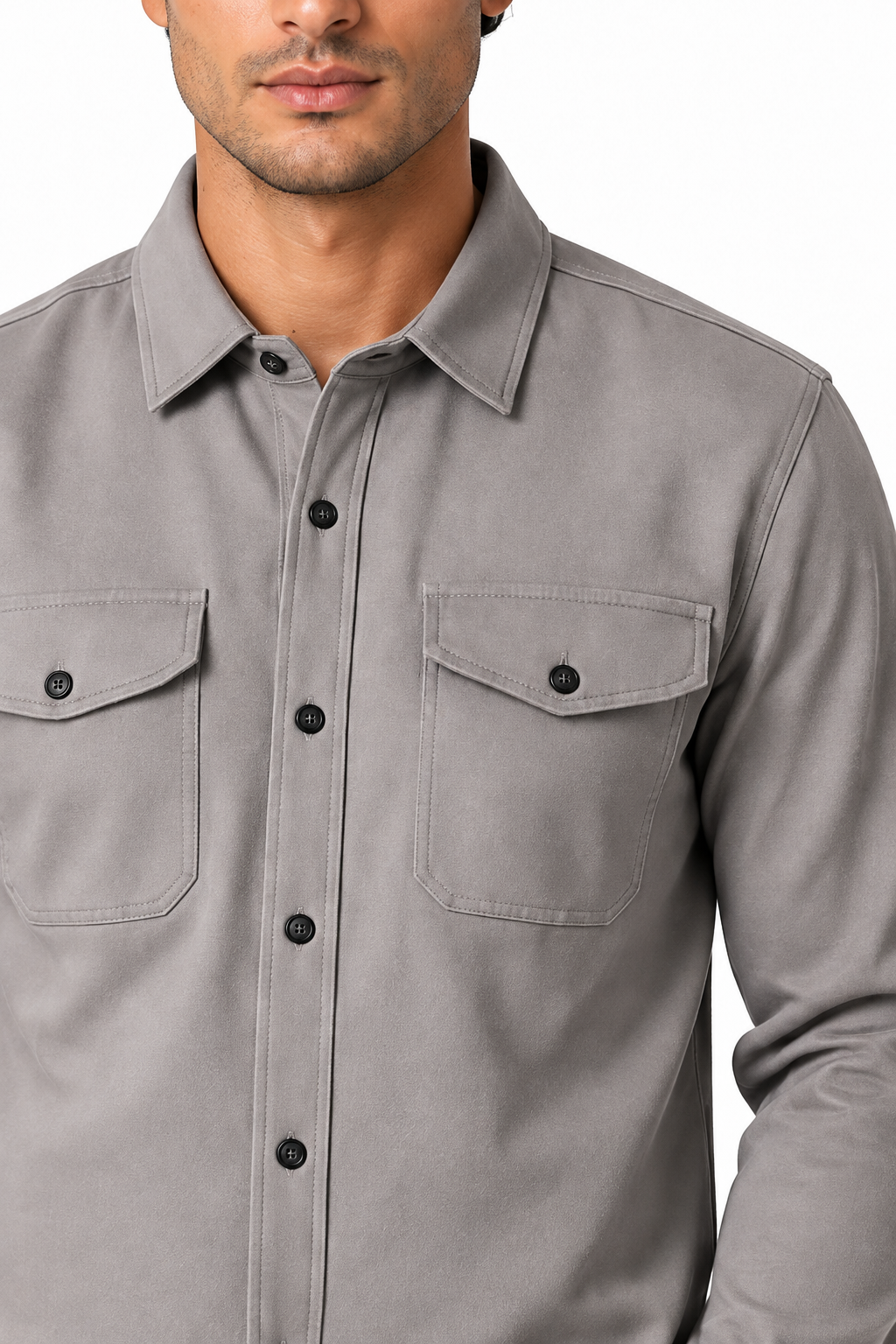 Ventorino brushed double-pocket overshirt in light gray — fabric and pocket detail