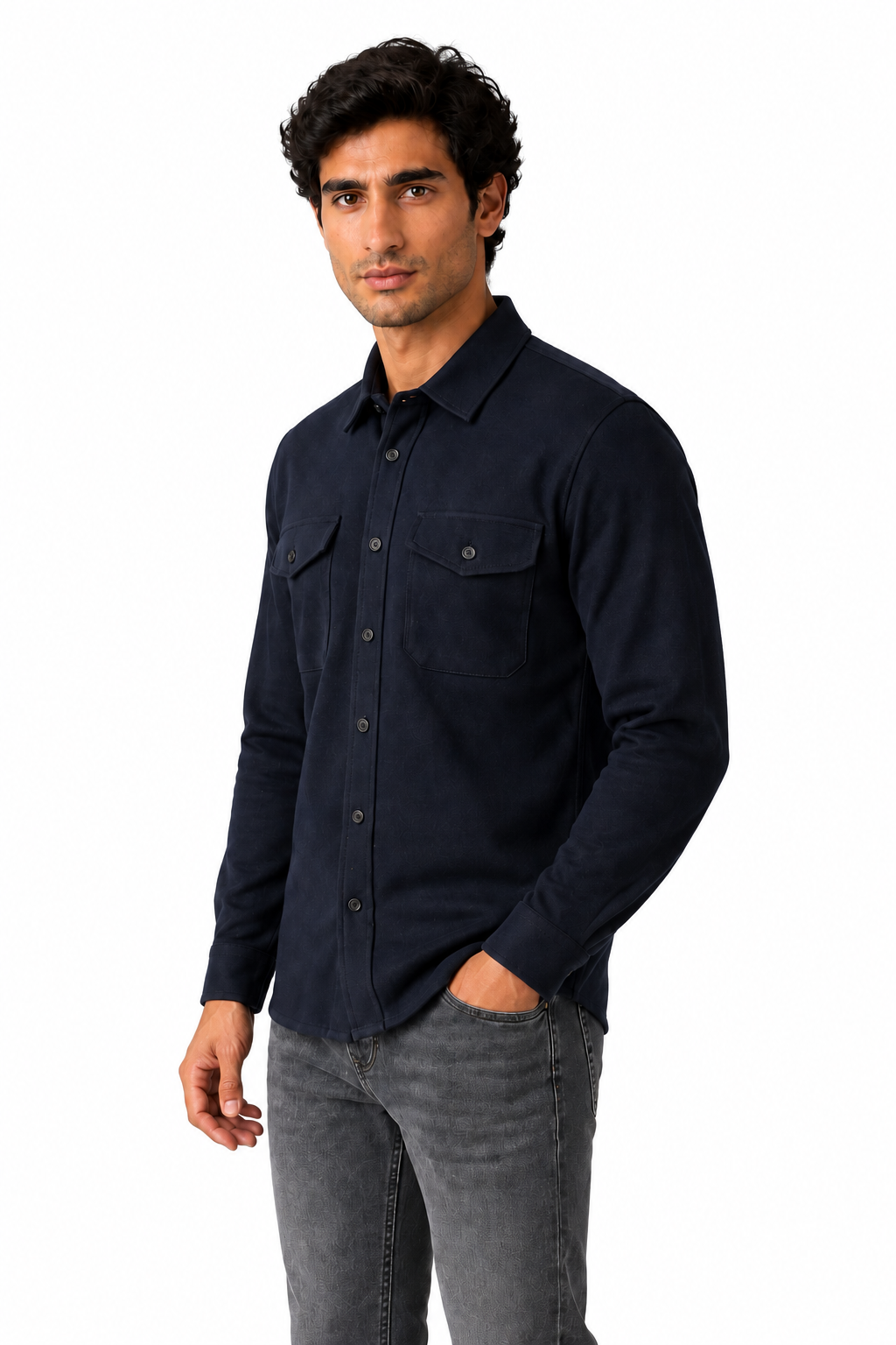 Ventorino brushed double-pocket overshirt in navy blue — model view
