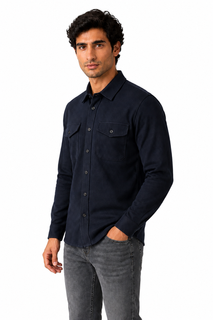 Ventorino brushed double-pocket overshirt in navy blue — model view